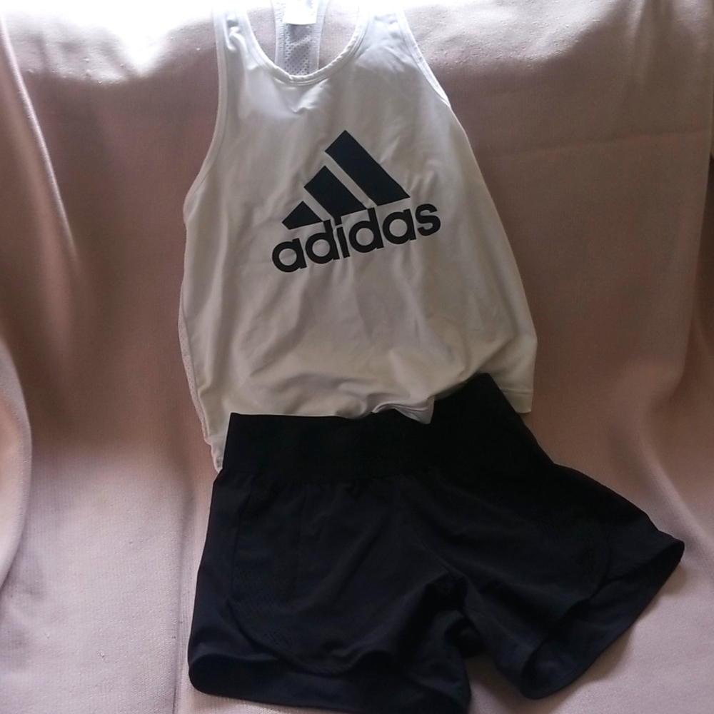 Adidas tank and black workout shorts